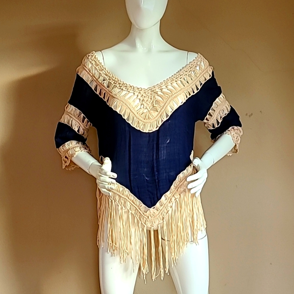 NEW Boho fringed top, shawl coverup, navy with cream crocheted fringe poncho